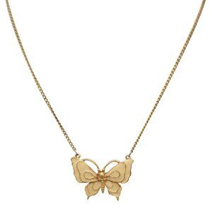 Vintage 70s MODE ART Cream Enamel Butterfly Gold Tone Chain Pendant Necklace